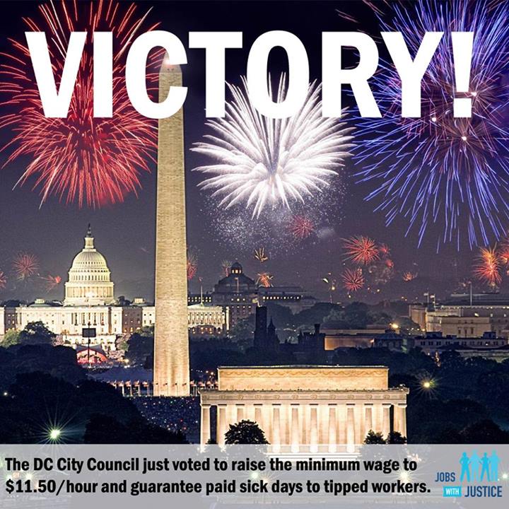 The D.C. City Council voted to increase the minimum wage to $11.50/hour and guarantee paid sick days to tipped workers! Share this on Facebook!